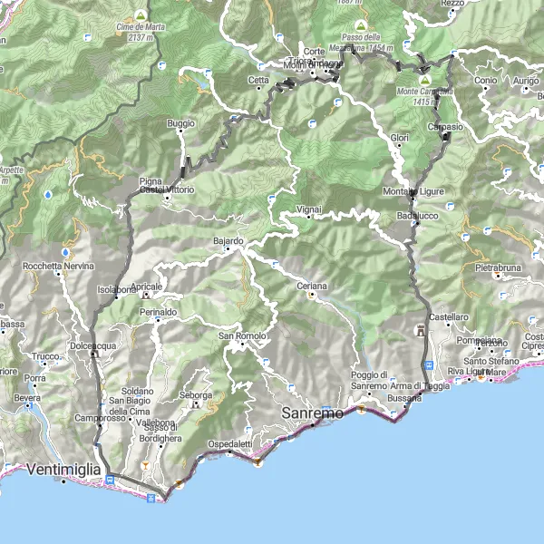 Miniaturní mapa "Okružní cyklistická trasa Vallecrosia - Camporosso - Bordighera" inspirace pro cyklisty v oblasti Liguria, Italy. Vytvořeno pomocí plánovače tras Tarmacs.app