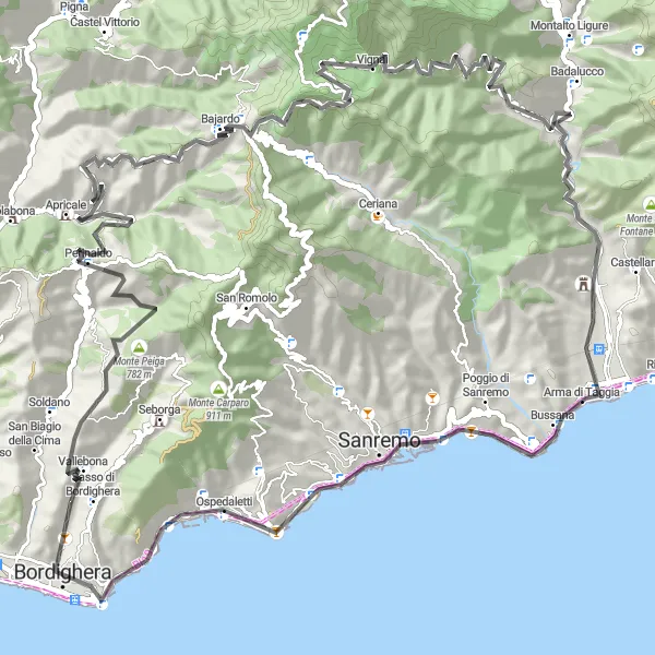 Miniaturní mapa "Náročná silniční trasa Perinaldo - Bordighera - Sanremo" inspirace pro cyklisty v oblasti Liguria, Italy. Vytvořeno pomocí plánovače tras Tarmacs.app