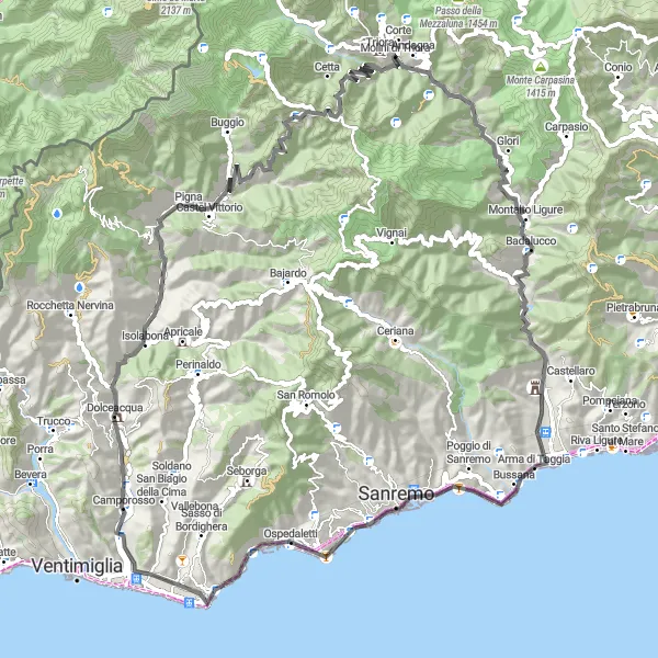 Miniaturní mapa "Challenging Road Cycling Route near Vallecrosia" inspirace pro cyklisty v oblasti Liguria, Italy. Vytvořeno pomocí plánovače tras Tarmacs.app
