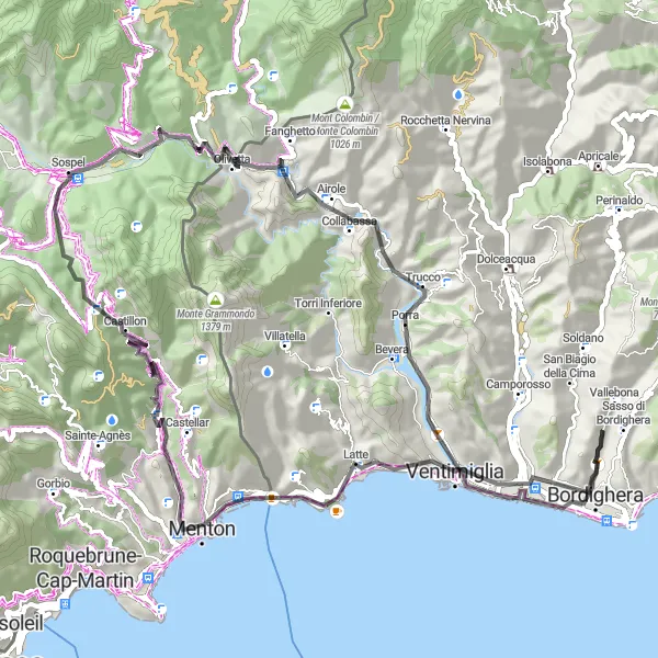 Miniatura della mappa di ispirazione al ciclismo "Road Ventimiglia - Vallebona" nella regione di Liguria, Italy. Generata da Tarmacs.app, pianificatore di rotte ciclistiche