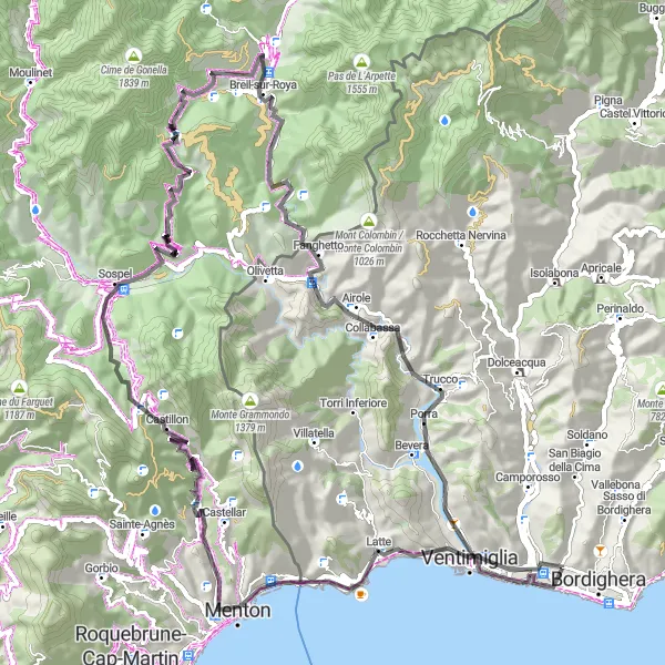 Kartminiatyr av "Vallecrosia - Ventimiglia - Sospel - Monte Carbone" cykelinspiration i Liguria, Italy. Genererad av Tarmacs.app cykelruttplanerare