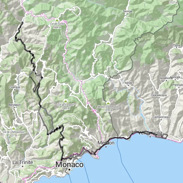 Map miniature of "The Legendary Climbs of Liguria" cycling inspiration in Liguria, Italy. Generated by Tarmacs.app cycling route planner