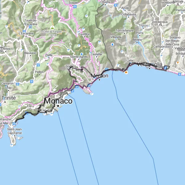 Miniaturní mapa "Cyklotrasa kolem Vallecrosie - cesta na Tête de Chien" inspirace pro cyklisty v oblasti Liguria, Italy. Vytvořeno pomocí plánovače tras Tarmacs.app