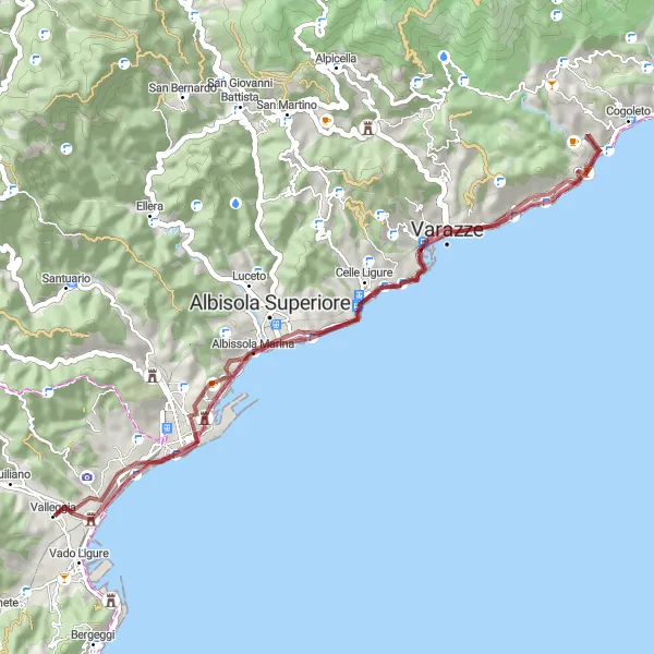 Miniaturní mapa "Trasa okolo Valleggia na horských kolech" inspirace pro cyklisty v oblasti Liguria, Italy. Vytvořeno pomocí plánovače tras Tarmacs.app