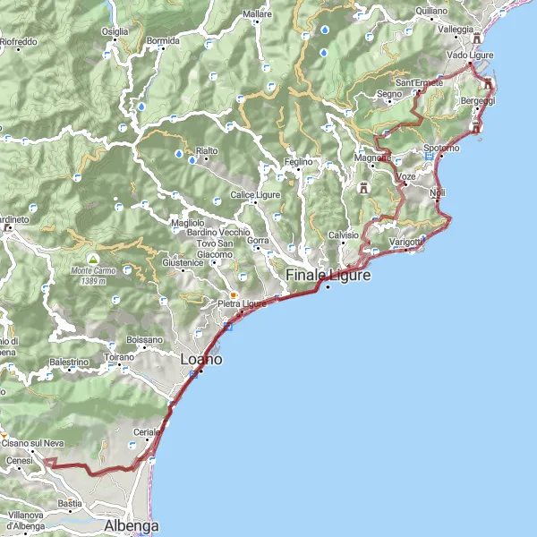 Karten-Miniaturansicht der Radinspiration "Gravelabenteuer um Noli und Monte Piccaro" in Liguria, Italy. Erstellt vom Tarmacs.app-Routenplaner für Radtouren