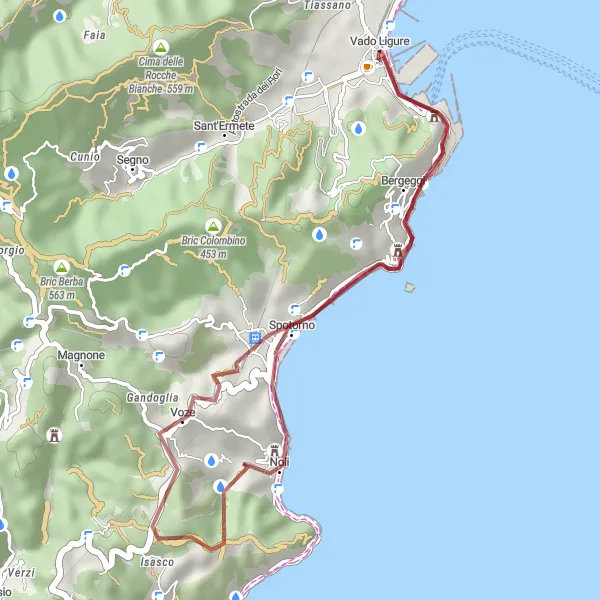 Mapa miniatúra "Gravel Noli Loop" cyklistická inšpirácia v Liguria, Italy. Vygenerované cyklistickým plánovačom trás Tarmacs.app