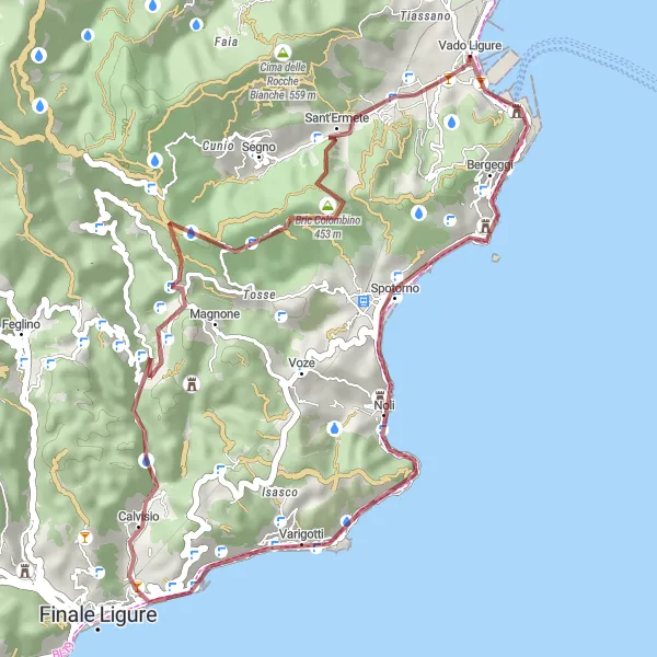 Map miniature of "Picturesque Gravel Loop near Valleggia" cycling inspiration in Liguria, Italy. Generated by Tarmacs.app cycling route planner