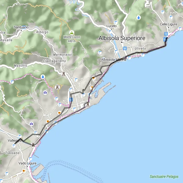 Miniatua del mapa de inspiración ciclista "Viaje en carretera a través de Savona" en Liguria, Italy. Generado por Tarmacs.app planificador de rutas ciclistas