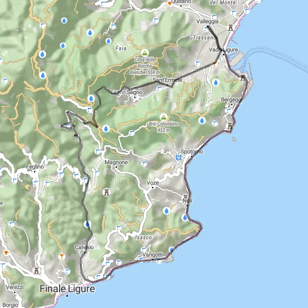 Zemljevid v pomanjšavi "Raziskovanje obale Ligurije" kolesarske inspiracije v Liguria, Italy. Generirano z načrtovalcem kolesarskih poti Tarmacs.app