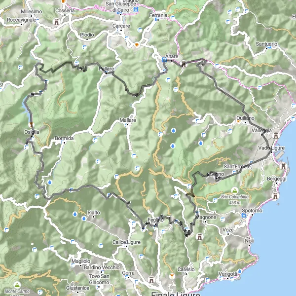 Map miniature of "Challenging Road Ride near Valleggia" cycling inspiration in Liguria, Italy. Generated by Tarmacs.app cycling route planner