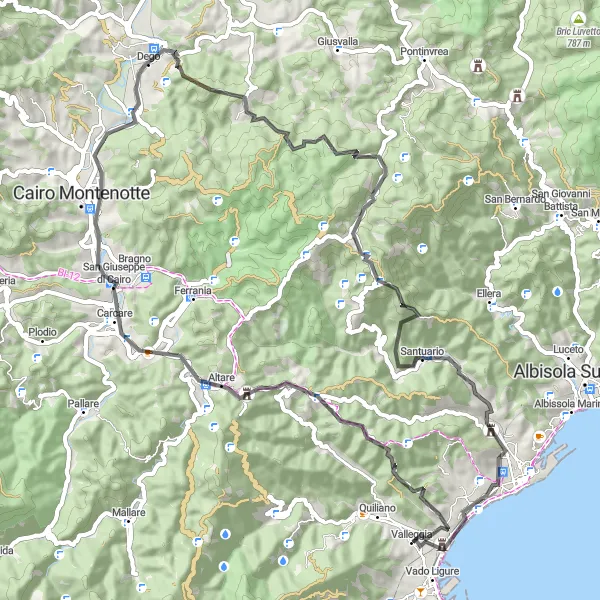 Map miniature of "Cadibona to Zinola Trek" cycling inspiration in Liguria, Italy. Generated by Tarmacs.app cycling route planner