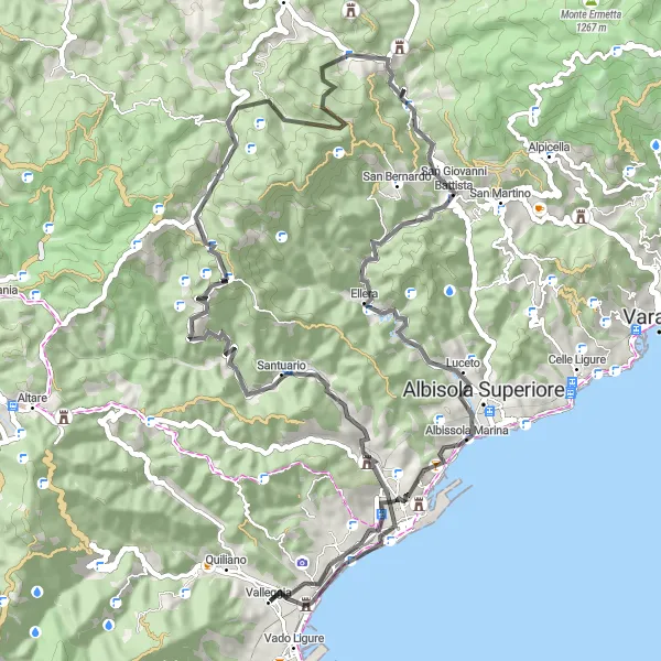 Map miniature of "Road Route near Valleggia" cycling inspiration in Liguria, Italy. Generated by Tarmacs.app cycling route planner