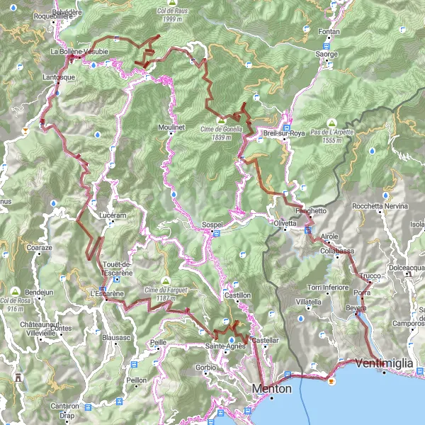 Kartminiatyr av "Ventimiglia - Le Trabuquet - Menton - Mont Gardeiron - Col de la Porte - Ventimiglia" cykelinspiration i Liguria, Italy. Genererad av Tarmacs.app cykelruttplanerare