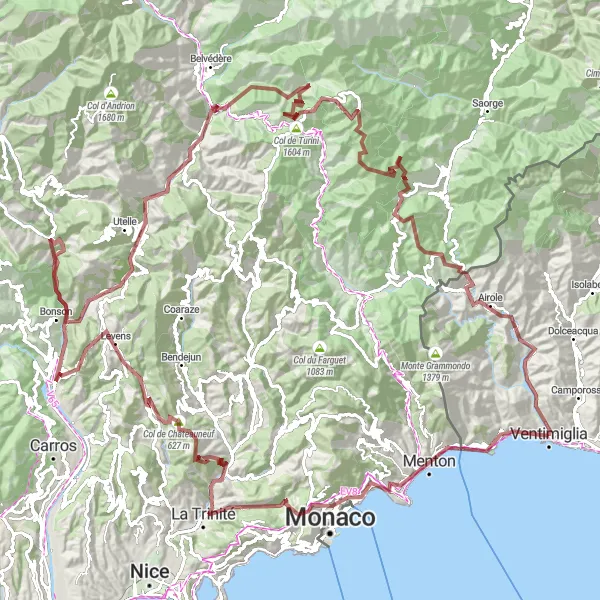 Kartminiatyr av "Ventimiglia - Le Trabuquet - Roquebrune-Cap-Martin - Cime de la Forna - La Bollène-Vésubie - Ventimiglia" cykelinspiration i Liguria, Italy. Genererad av Tarmacs.app cykelruttplanerare