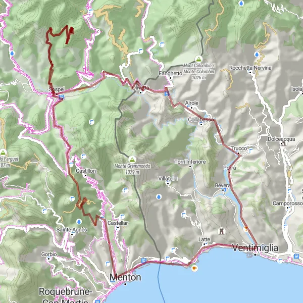 Miniatua del mapa de inspiración ciclista "Ruta de grava desde Ventimiglia a Airole" en Liguria, Italy. Generado por Tarmacs.app planificador de rutas ciclistas