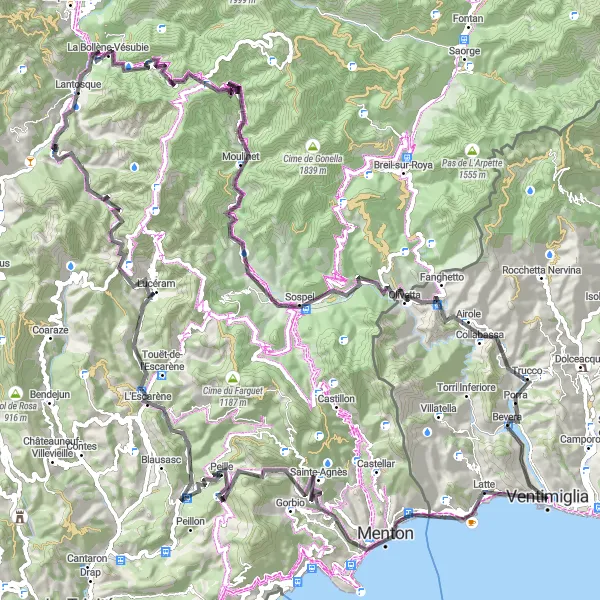 Miniatura della mappa di ispirazione al ciclismo "Rotta in bicicletta da Ventimiglia a Airole" nella regione di Liguria, Italy. Generata da Tarmacs.app, pianificatore di rotte ciclistiche