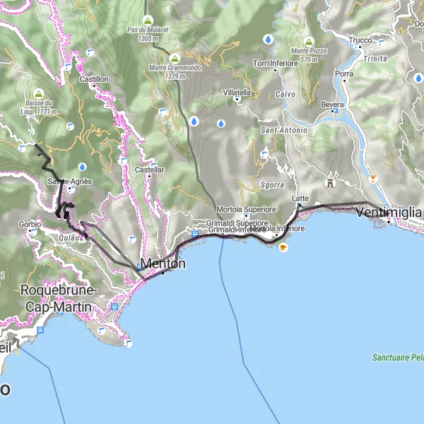 Miniatua del mapa de inspiración ciclista "Vistas costeras en Menton" en Liguria, Italy. Generado por Tarmacs.app planificador de rutas ciclistas
