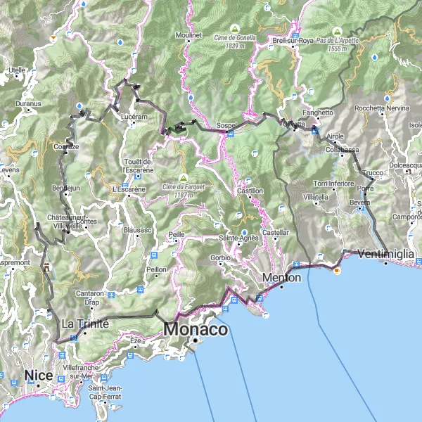 Miniaturekort af cykelinspirationen "Charming Coastal Ride to Mountain Peaks" i Liguria, Italy. Genereret af Tarmacs.app cykelruteplanlægger