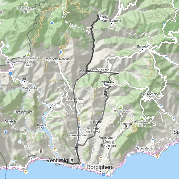 Miniatua del mapa de inspiración ciclista "Ruta circular de Ventimiglia a Isolabona" en Liguria, Italy. Generado por Tarmacs.app planificador de rutas ciclistas