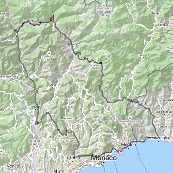 Miniatua del mapa de inspiración ciclista "Gran Desafío de Liguria y Costa Azul" en Liguria, Italy. Generado por Tarmacs.app planificador de rutas ciclistas