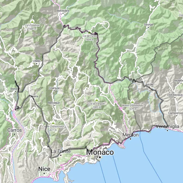 Miniatua del mapa de inspiración ciclista "Desafío de las Cimas de Liguria" en Liguria, Italy. Generado por Tarmacs.app planificador de rutas ciclistas