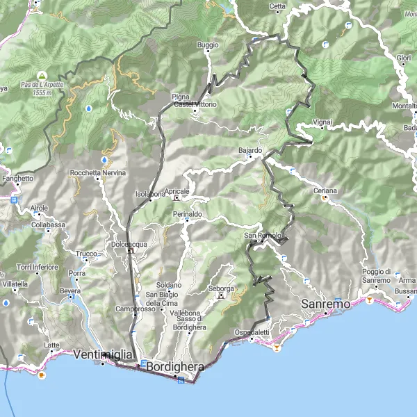 Miniatura della mappa di ispirazione al ciclismo "Giro delle Colline Liguri" nella regione di Liguria, Italy. Generata da Tarmacs.app, pianificatore di rotte ciclistiche