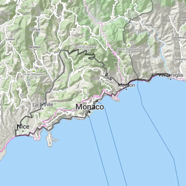 Karten-Miniaturansicht der Radinspiration "Herausfordernde Bergtour durch Ligurien und Nizza" in Liguria, Italy. Erstellt vom Tarmacs.app-Routenplaner für Radtouren