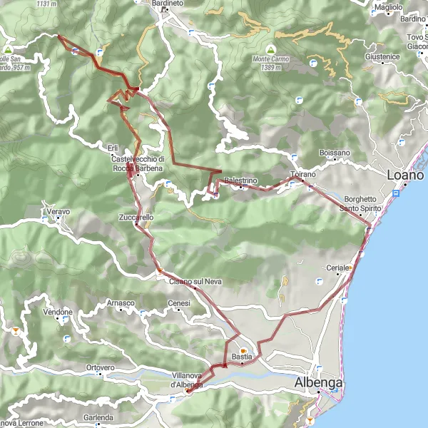Miniatuurkaart van de fietsinspiratie "Zuccarello Gravel Experience" in Liguria, Italy. Gemaakt door de Tarmacs.app fietsrouteplanner