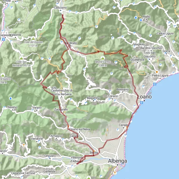 Map miniature of "Gravel Adventure through Ligurian Hills" cycling inspiration in Liguria, Italy. Generated by Tarmacs.app cycling route planner