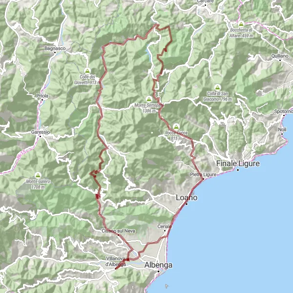 Map miniature of "Gravel Trails of Albenga" cycling inspiration in Liguria, Italy. Generated by Tarmacs.app cycling route planner