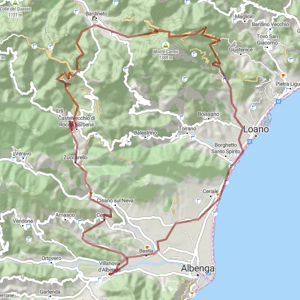 Karten-Miniaturansicht der Radinspiration "Abenteuerliche Gravelroute" in Liguria, Italy. Erstellt vom Tarmacs.app-Routenplaner für Radtouren