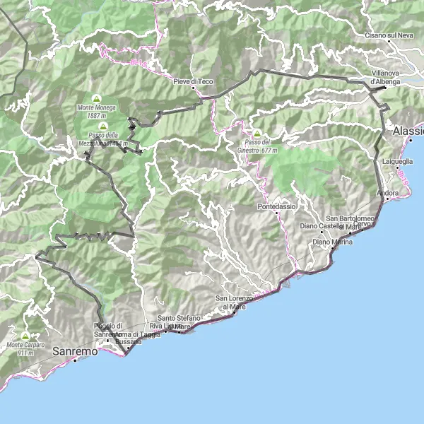 Miniature de la carte de l'inspiration cycliste "Tour panoramique de Villanova d'Albenga" dans la Liguria, Italy. Générée par le planificateur d'itinéraire cycliste Tarmacs.app