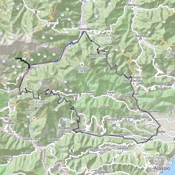 Miniature de la carte de l'inspiration cycliste "Exploration des Alpes Ligures" dans la Liguria, Italy. Générée par le planificateur d'itinéraire cycliste Tarmacs.app