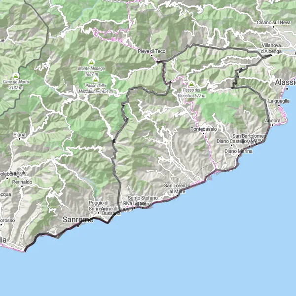 Miniature de la carte de l'inspiration cycliste "La Route des Villages Côtiers" dans la Liguria, Italy. Générée par le planificateur d'itinéraire cycliste Tarmacs.app