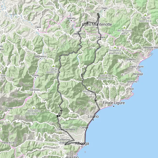 Miniatuurkaart van de fietsinspiratie "Albenga naar Croce di Conscente en terug" in Liguria, Italy. Gemaakt door de Tarmacs.app fietsrouteplanner