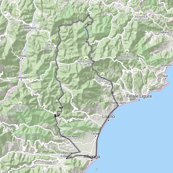 Map miniature of "Mountains of Liguria Road Cycling Route" cycling inspiration in Liguria, Italy. Generated by Tarmacs.app cycling route planner