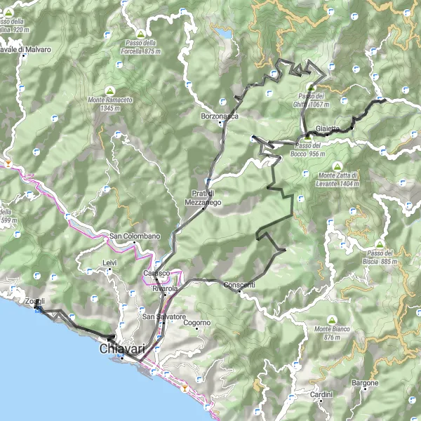 Mapa miniatúra "Zoagli - Santa Maria del Taro - Lavagna - Zoagli" cyklistická inšpirácia v Liguria, Italy. Vygenerované cyklistickým plánovačom trás Tarmacs.app