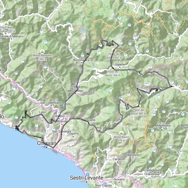 Map miniature of "The Mountain Challenge" cycling inspiration in Liguria, Italy. Generated by Tarmacs.app cycling route planner