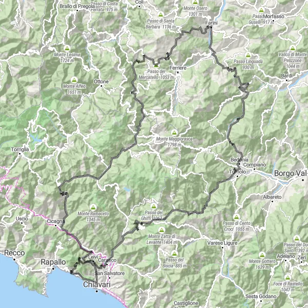 Mapa miniatúra "Výzva naprieč Ligurskými Alpami" cyklistická inšpirácia v Liguria, Italy. Vygenerované cyklistickým plánovačom trás Tarmacs.app