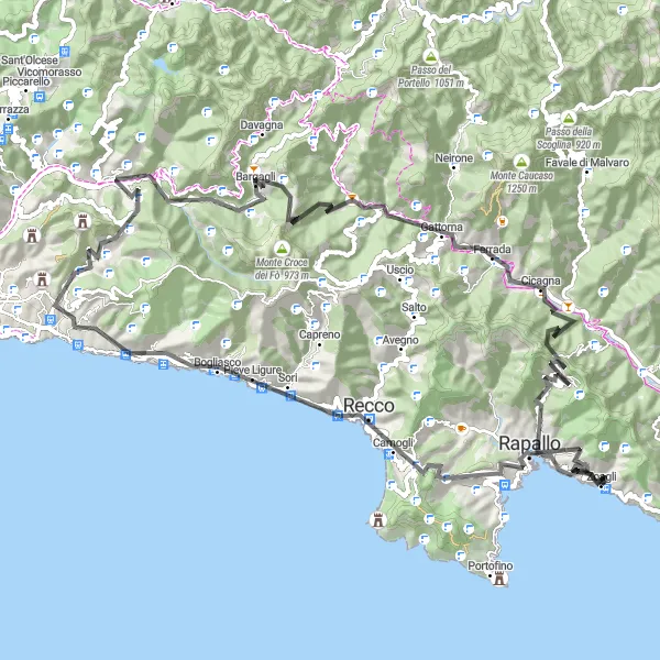 Kartminiatyr av "Kysten og fjellene rundt Zoagli" sykkelinspirasjon i Liguria, Italy. Generert av Tarmacs.app sykkelrutoplanlegger