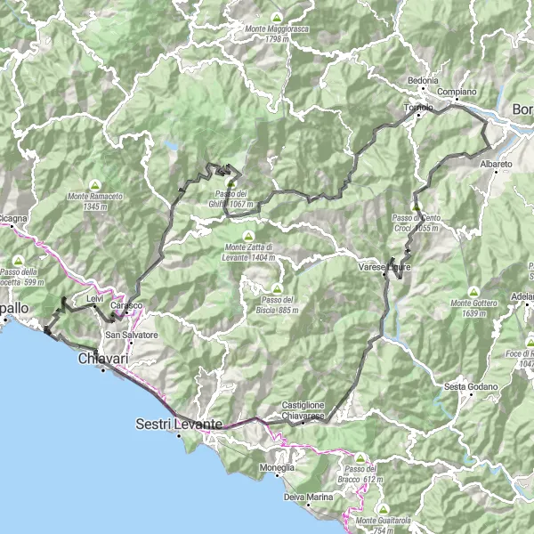 Kartminiatyr av "Fantastisk fjell-utforskningsrute fra Zoagli" sykkelinspirasjon i Liguria, Italy. Generert av Tarmacs.app sykkelrutoplanlegger