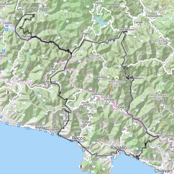 Miniatuurkaart van de fietsinspiratie "Ontdek de Monte di Ruta en Monte Acuto" in Liguria, Italy. Gemaakt door de Tarmacs.app fietsrouteplanner