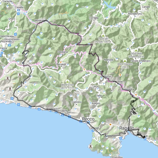 Miniatuurkaart van de fietsinspiratie "Schilderachtige Route naar Monte di Ruta en Colle di Creto" in Liguria, Italy. Gemaakt door de Tarmacs.app fietsrouteplanner