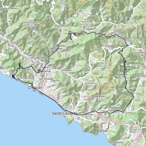 Map miniature of "Coastal Delight" cycling inspiration in Liguria, Italy. Generated by Tarmacs.app cycling route planner
