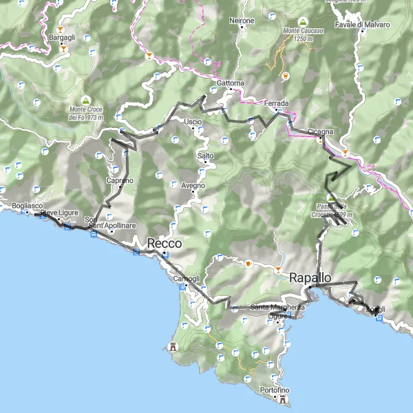 Map miniature of "Zoagli and the Scenic Coast" cycling inspiration in Liguria, Italy. Generated by Tarmacs.app cycling route planner