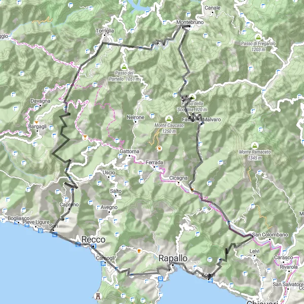 Map miniature of "Climbing Adventures in Liguria" cycling inspiration in Liguria, Italy. Generated by Tarmacs.app cycling route planner