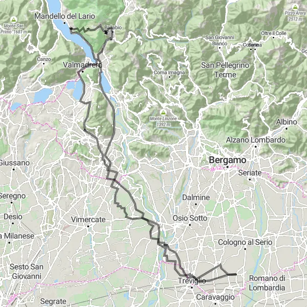 Karttaminiaatyyri "Lecco - Sulbiate - Trezzo sull'Adda" pyöräilyinspiraatiosta alueella Lombardia, Italy. Luotu Tarmacs.app pyöräilyreittisuunnittelijalla