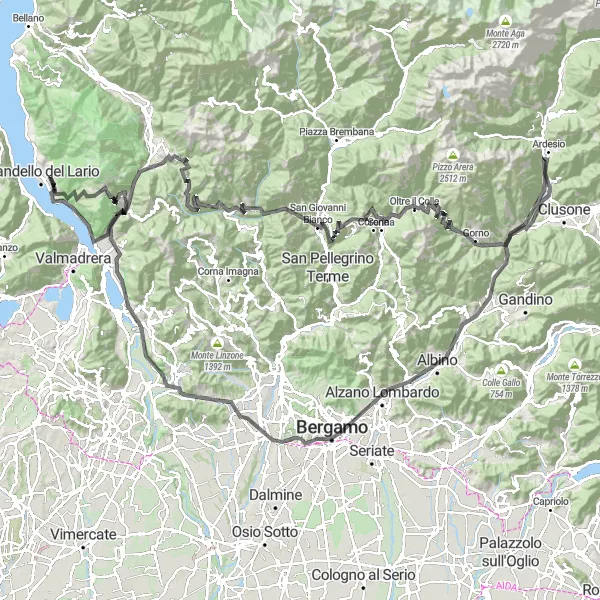 Miniature de la carte de l'inspiration cycliste "Défi des Montagnes Bergamasques" dans la Lombardia, Italy. Générée par le planificateur d'itinéraire cycliste Tarmacs.app