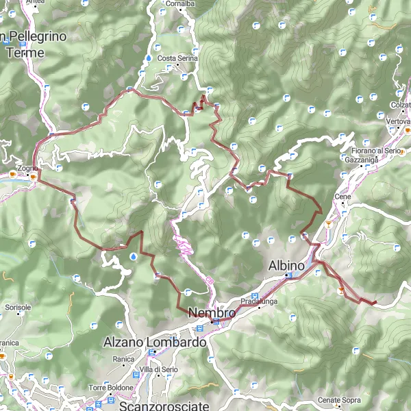 Miniatura della mappa di ispirazione al ciclismo "Avventura in mountain bike tra Nembro e Fiobbio" nella regione di Lombardia, Italy. Generata da Tarmacs.app, pianificatore di rotte ciclistiche