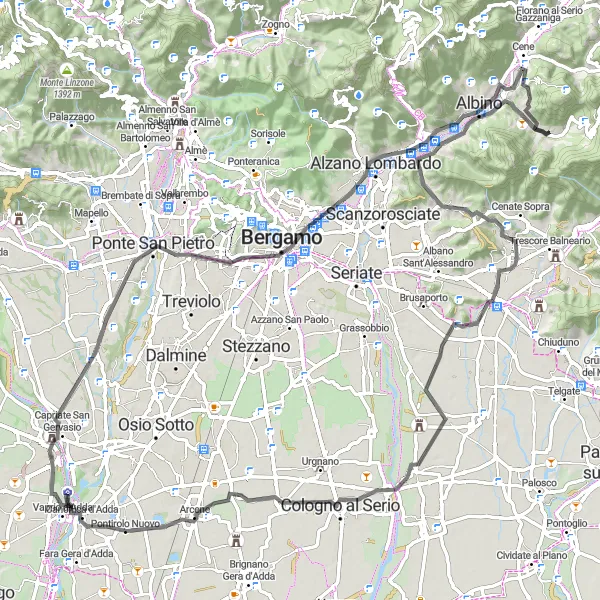 Miniatura della mappa di ispirazione al ciclismo "Giro in bicicletta da Abbazia a Pradalunga" nella regione di Lombardia, Italy. Generata da Tarmacs.app, pianificatore di rotte ciclistiche